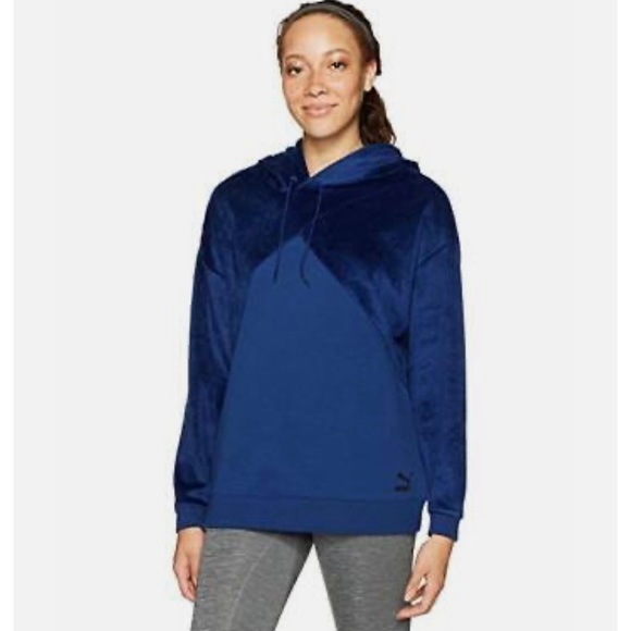 Puma Dark Blue Color Block Velour Velvet Oversized Hoodie Sweatshirt L Athletic - Picture 1 of 8